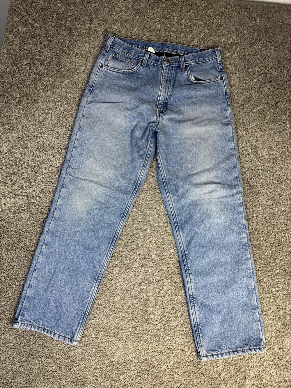 Carhartt Jeans Mens 34x32 Blue Straight Relaxed Lined Insulated Workwear Denim